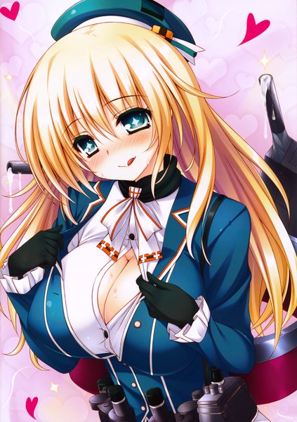 Anime picture 2449x3473 with kantai collection atago heavy cruiser 2-g single long hair tall image blush highres breasts blue eyes light erotic blonde hair large breasts cleavage scan + + girl weapon heart beret