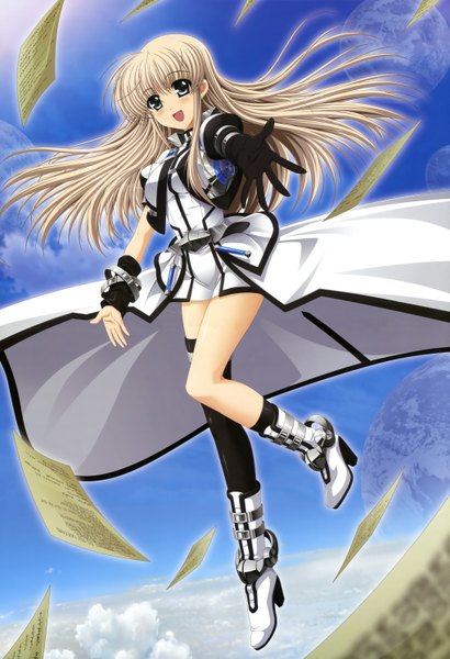 Anime picture 4080x5968 with mahou shoujo lyrical nanoha lily strosek single long hair tall image blush highres blue eyes blonde hair absurdres girl thighhighs dress gloves black thighhighs elbow gloves boots paper