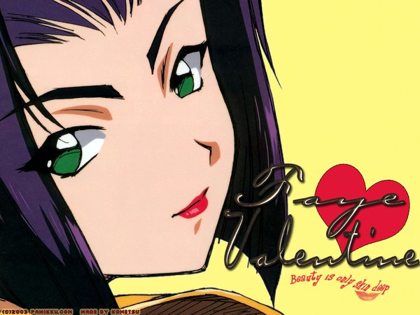 Anime picture 1024x768 with cowboy bebop sunrise (studio) faye valentine short hair green eyes purple hair lips face yellow background girl heart