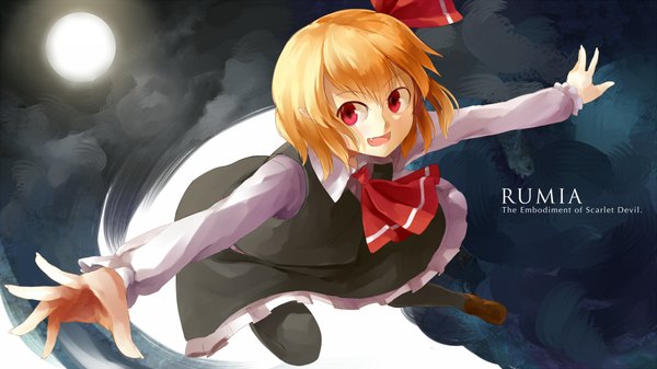 Anime picture 1920x1080 with touhou the embodiment of scarlet devil rumia nishiuri (artist) single highres short hair open mouth blonde hair red eyes wide image looking away :d inscription night spread arms girl dress bow hair bow
