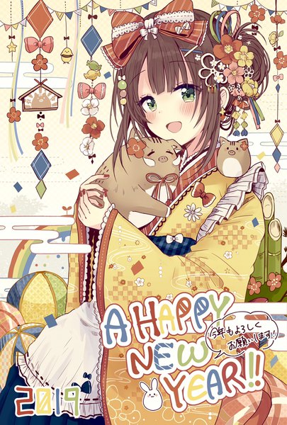 Anime picture 750x1110 with original sakura oriko single long hair tall image looking at viewer blush fringe open mouth smile brown hair green eyes payot nail polish :d wide sleeves hair bun (hair buns) new year happy new year 2019