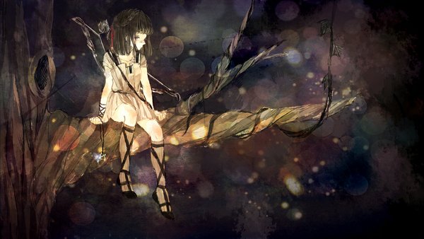 Anime picture 1191x671 with original yuugure akane single long hair looking at viewer black hair wide image sitting brown eyes abstract girl dress weapon plant (plants) tree (trees) socks white dress leaf (leaves) bow (weapon) arrow (arrows)