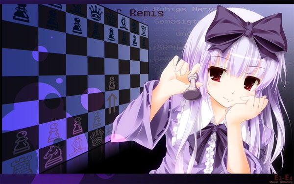 Anime picture 1920x1200 with os-tan 3.1-tan jum (parallel parasol) single long hair blush highres smile red eyes wide image purple hair wallpaper lolita fashion girl dress bow ribbon (ribbons) hair bow chess chessboard