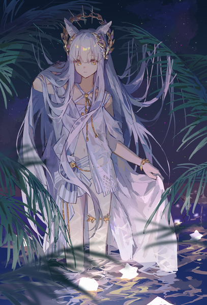 Anime picture 2364x3481 with arknights platinum (arknights) platinum (shimmering dew) (arknights) dogdogbhh single tall image fringe highres animal ears yellow eyes silver hair blunt bangs very long hair partially submerged official alternate costume adjusting hair expressionless horse ears girl swimsuit