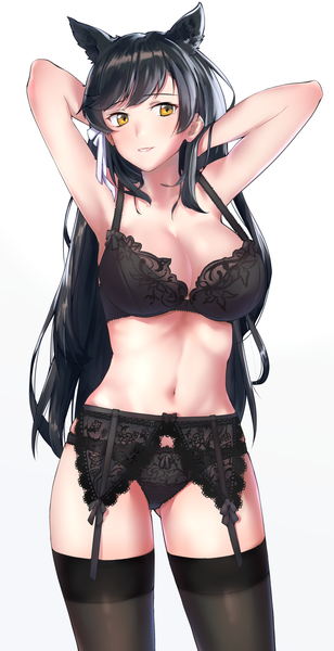 Anime picture 838x1630 with azur lane atago (azur lane) komodai single long hair tall image blush fringe breasts light erotic black hair simple background large breasts standing white background animal ears yellow eyes looking away arms up armpit (armpits)