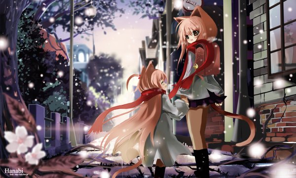 Anime picture 1600x963 with hiiragi ryou brown hair wide image multiple girls brown eyes animal ears tail cat girl snowing snow street girl 2 girls scarf red scarf