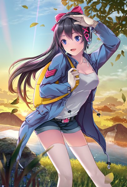 Anime picture 698x1024 with original os-tan microsoft xp-tan (saseko) j.lili single long hair tall image open mouth blue eyes black hair open clothes open jacket evening sunset mountain girl thighhighs bow hair bow