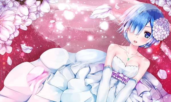 Anime picture 1200x720 with re:zero kara hajimeru isekai seikatsu white fox rem (re:zero) chao wu xing xian single looking at viewer blush fringe short hair breasts open mouth blue eyes wide image standing bare shoulders signed blue hair cleavage upper body hair flower
