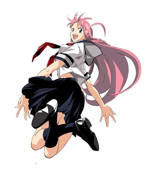 Anime picture 1800x2160 with top wo nerae 2! diebuster gainax nono (top wo nerae 2!) magomago single long hair tall image looking at viewer highres open mouth simple background white background pink hair ahoge braid (braids) looking back single braid jumping girl uniform