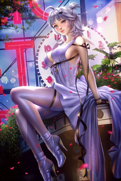 Anime picture 4800x7200 with azur lane seattle (azur lane) seattle (gorgeous party) (azur lane) ayyasap single tall image looking at viewer blush fringe highres short hair breasts open mouth light erotic smile large breasts sitting purple eyes signed payot