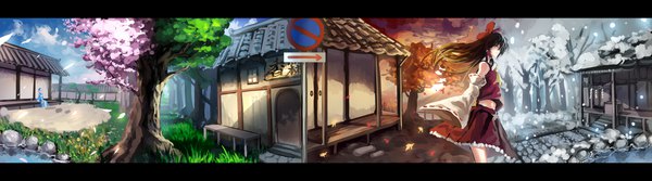 Anime picture 5000x1388 with touhou hakurei reimu saigyouji yuyuko uu uu zan long hair highres breasts smile brown hair wide image standing sitting multiple girls brown eyes pink hair sky cloud (clouds) outdoors long sleeves traditional clothes