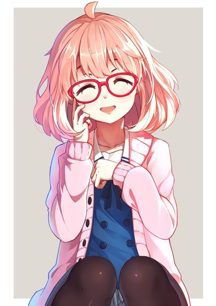 Anime picture 1240x1753 with kyoukai no kanata kyoto animation kuriyama mirai baisi shaonian single tall image blush short hair open mouth simple background sitting pink hair eyes closed border girl uniform school uniform pantyhose glasses serafuku