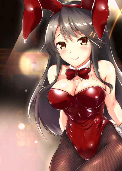Anime picture 888x1242 with kantai collection haruna battleship kumichou (nakasato-gumi) single long hair tall image looking at viewer blush fringe breasts light erotic black hair hair between eyes large breasts standing bare shoulders brown eyes animal ears payot cleavage