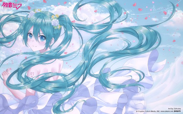 Anime picture 1000x625 with vocaloid crypton future media hatsune miku zakusey single looking at viewer fringe blue eyes hair between eyes twintails signed upper body very long hair looking back light smile wind aqua hair official art character names girl