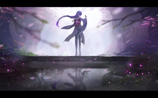 Anime picture 2455x1530 with genshin impact raiden shogun anna (drw01) single long hair highres wide image standing signed purple hair full body outdoors braid (braids) traditional clothes japanese clothes from behind depth of field single braid reflection letterboxed