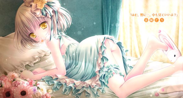 Anime picture 4648x2500 with tenshi no 3p! tenshi no three piece! project no.9 tinker bell single blush highres short hair light erotic blonde hair wide image bare shoulders yellow eyes absurdres lying barefoot hair flower scan inscription pantyshot