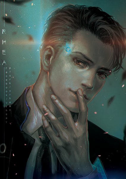 Anime picture 624x882 with detroit: become human connor (detroit) xrheax single tall image looking at viewer short hair brown hair brown eyes signed upper body head tilt realistic inscription sparkle glowing finger to mouth portrait boy shirt