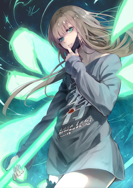 Anime picture 2782x3940 with sinoalice gretel (sinoalice) hoshizaki reita single long hair tall image looking at viewer blush fringe highres simple background hair between eyes brown hair standing holding green eyes signed parted lips from below clothes writing