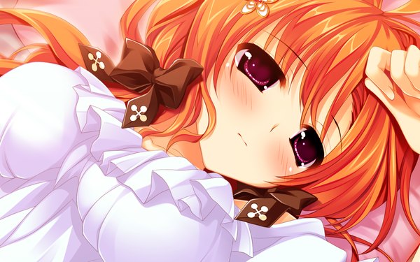 Anime-Bild 1024x640 mit ore no kanojo no uraomote amahara miyabi long hair blush wide image purple eyes game cg red hair girl bow hair bow