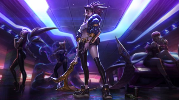Anime picture 3840x2160 with league of legends k/da (league of legends) ahri (league of legends) akali (league of legends) evelynn (league of legends) k/da akali k/da ahri k/da evelynn kai'sa k/da kai'sa chenbo alvin lee chengwei pan long hair looking at viewer fringe highres short hair breasts blonde hair