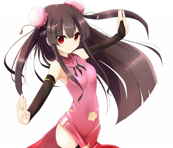 Anime picture 1750x1500 with touhou houraisan kaguya amano kouki single long hair highres black hair simple background red eyes white background hair bun (hair buns) chinese clothes spread arms girl detached sleeves chinese dress bun cover