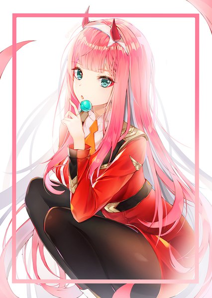 Anime picture 800x1126 with darling in the franxx studio trigger zero two (darling in the franxx) mellozzo single long hair tall image looking at viewer fringe breasts white background pink hair blunt bangs long sleeves aqua eyes :o border squat makeup military