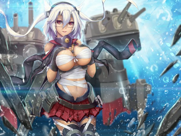 Anime picture 1000x750 with kantai collection musashi super battleship akizone single long hair looking at viewer breasts light erotic red eyes large breasts twintails white hair midriff dark skin girl thighhighs navel weapon black thighhighs glasses