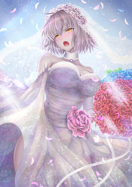 Anime picture 2480x3508 with fate (series) fate/grand order jeanne d'arc (fate) (all) jeanne d'arc alter (fate) penguintake single tall image looking at viewer blush fringe highres short hair breasts open mouth light erotic hair between eyes large breasts standing yellow eyes silver hair
