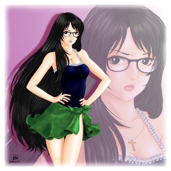 Anime picture 3000x3000 with canvas of life (manga) laura (canvas of life) thenightwishmaster single long hair looking at viewer highres black hair bare shoulders signed nail polish lips black eyes framed zoom layer hands on hips girl skirt choker glasses