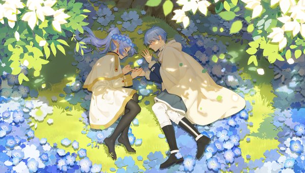 Anime picture 6167x3500 with sousou no frieren frieren himmel (sousou no frieren) suzi long hair highres short hair wide image blue hair absurdres full body outdoors lying eyes closed pointy ears no shoes holding hands on side elf sleeping