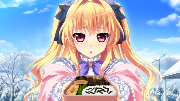 Anime picture 1920x1080 with baka moe heart ni ai wo komete! kamiwazumi chinami single long hair looking at viewer fringe highres blonde hair wide image purple eyes game cg sky cloud (clouds) wavy hair girl bow plant (plants) hair bow tree (trees) food