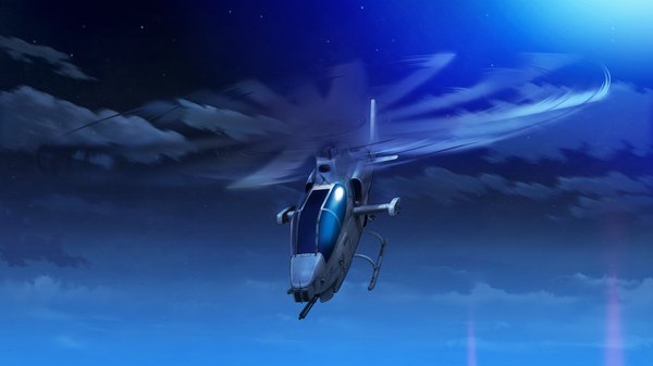 Anime picture 2560x1440 with grisaia no kajitsu highres wide image game cg cloud (clouds) night weapon helicopter
