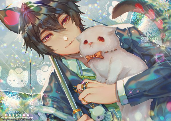 Anime picture 1200x849 with original skunkyfly single fringe short hair black hair hair between eyes red eyes holding signed animal ears upper body outdoors tail animal tail pink eyes light smile cat ears open jacket sparkle