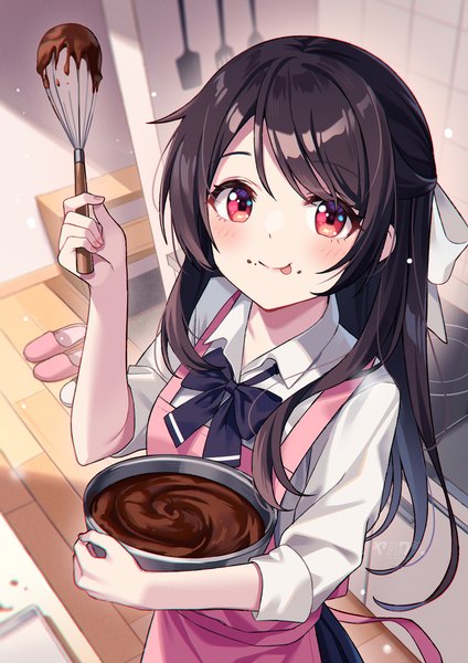 Anime picture 1753x2480 with original kawashima yaruki yaruwashi single long hair tall image looking at viewer blush highres black hair smile red eyes holding indoors from above half updo :p valentine cooking chocolate on face