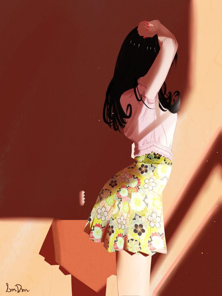 Anime picture 3543x4724 with original omone hokoma agm single long hair tall image highres black hair simple background standing holding signed absurdres indoors nail polish sunlight shadow short sleeves floral print crossed arms girl