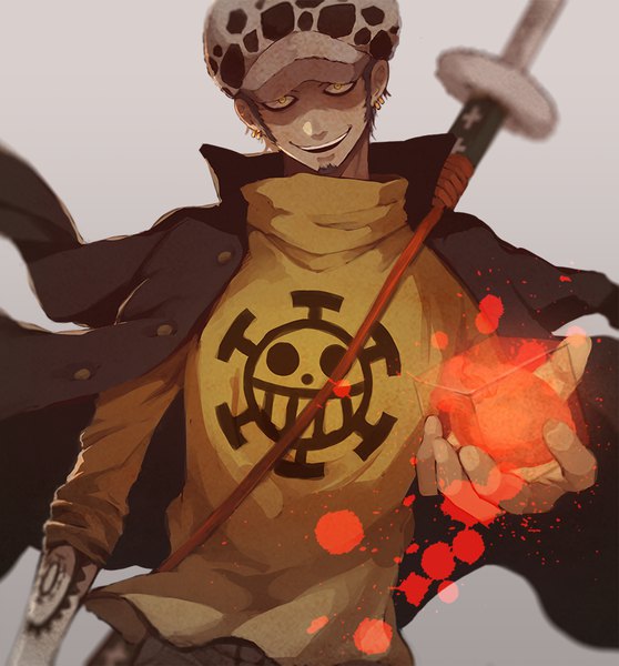 Anime picture 800x860 with one piece toei animation trafalgar law kieshi heta single tall image looking at viewer short hair open mouth black hair simple background yellow eyes upper body grey background tattoo piercing ear piercing outstretched hand clothes on shoulders boy