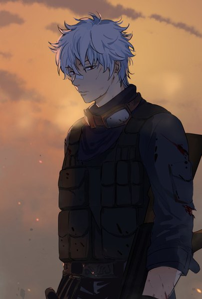 Anime picture 787x1165 with gintama sunrise (studio) sakata gintoki loli bushi single tall image looking at viewer short hair red eyes sky silver hair upper body bloody clothes military bandaid on nose goggles around neck boy uniform weapon gun