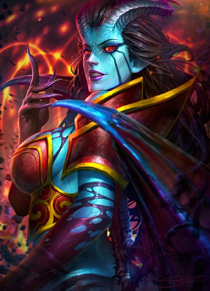 Anime picture 800x1111 with dota 2 (game) akasha banshee (dota 2) nudtawut thongmai single long hair tall image looking at viewer breasts light erotic red eyes horn (horns) lips pointy ears realistic demon girl blue skin girl wings claws