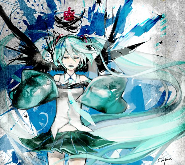 Anime picture 937x838 with vocaloid hatsune miku antenna (draconian) single open mouth twintails bare shoulders signed eyes closed very long hair pleated skirt aqua eyes wind aqua hair bare belly black wings girl skirt gloves detached sleeves