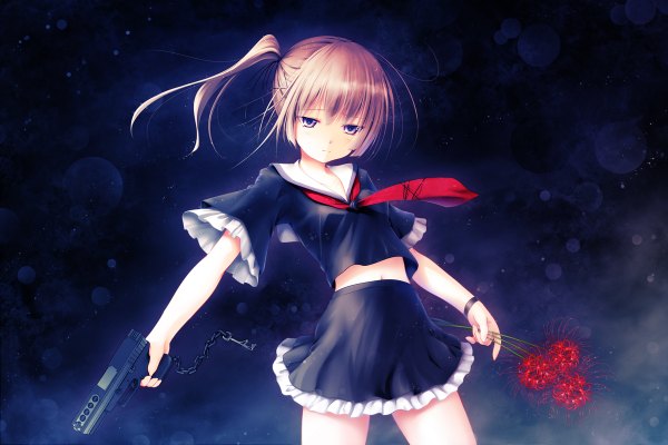 Anime picture 1200x800 with original aruciii single short hair brown hair purple eyes ponytail side ponytail dark background girl skirt flower (flowers) weapon necktie gun chain pistol key higanbana