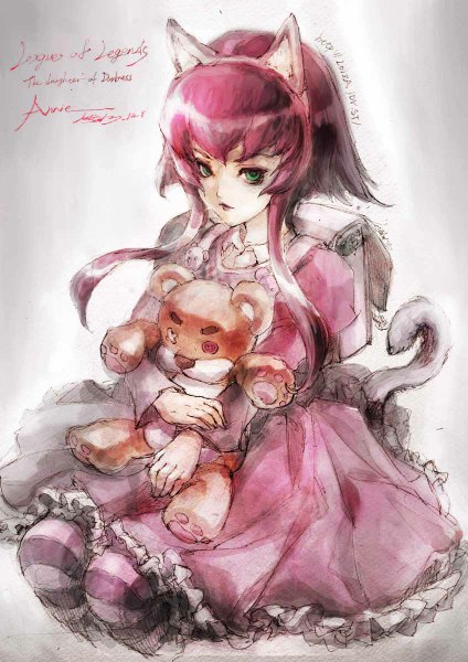 Anime picture 848x1200 with league of legends annie (league of legends) tibbers (league of legends) loiza single long hair tall image looking at viewer fringe short hair green eyes animal ears red hair tail animal tail cat ears cat tail kemonomimi mode nekomimi mode girl