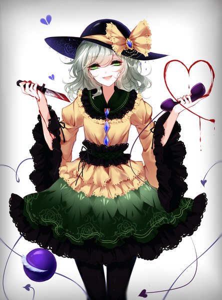 Anime picture 2000x2700 with touhou komeiji koishi sheya single long hair tall image looking at viewer fringe highres open mouth simple background smile hair between eyes white background green eyes head tilt green hair wide sleeves bloody weapon girl