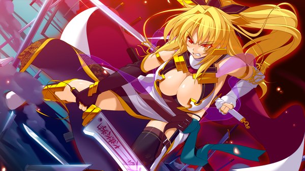 Anime picture 1280x720 with sengoku hime long hair breasts light erotic blonde hair red eyes wide image large breasts game cg ponytail girl sword