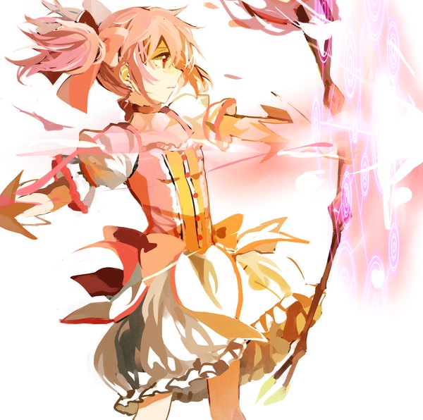 Anime picture 1842x1830 with mahou shoujo madoka magica shaft (studio) kaname madoka zgxuke single highres red eyes twintails looking away pink hair magic magical girl girl dress gloves bow ribbon (ribbons) weapon white gloves bow (weapon)