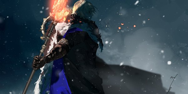 Anime picture 2250x1130 with fire emblem fire emblem: three houses nintendo dimitri alexandre blaiddyd matoba (ga6life) single highres short hair blonde hair wide image standing holding signed snowing glowing weapon boy weapon cape lance