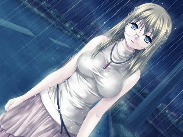 Anime picture 1024x768 with yuuane to issho - mitarashi kousei (game) blue eyes light erotic blonde hair game cg rain girl glasses