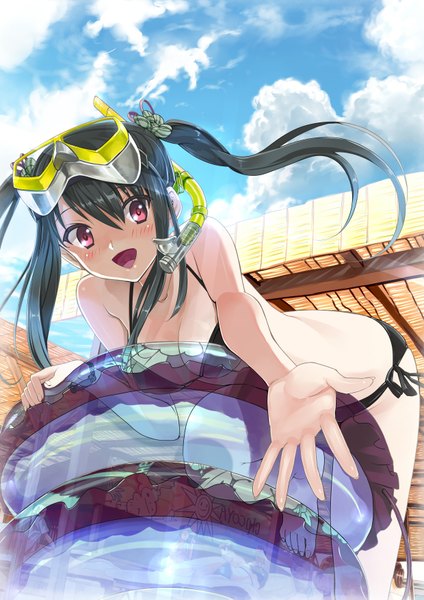Anime picture 2480x3507 with original gaou (umaiyo puyoman) single long hair tall image blush highres open mouth black hair red eyes twintails absurdres cloud (clouds) outstretched arm girl swimsuit bikini black bikini diving mask snorkel