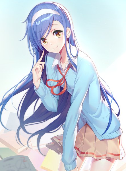 Anime picture 886x1200 with bokutachi wa benkyou ga dekinai furuhashi fumino ririko (zhuoyandesailaer) single long hair tall image looking at viewer blush fringe breasts simple background smile hair between eyes standing brown eyes blue hair long sleeves pleated skirt mole leaning