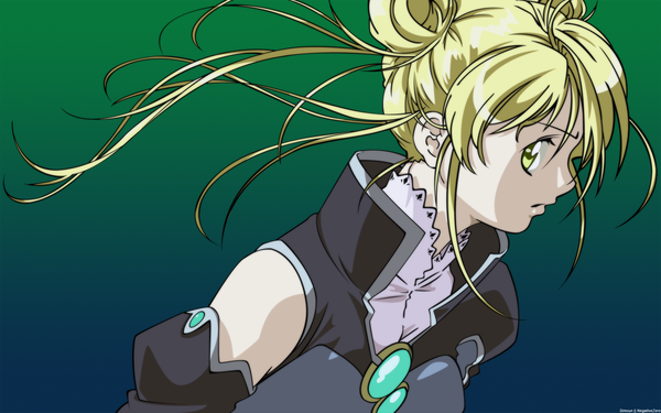 Anime picture 1920x1200 with simoun aeru single looking at viewer highres blonde hair green eyes gradient background girl