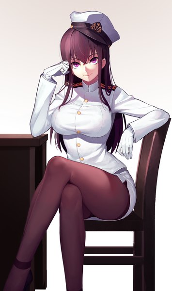 Anime picture 1500x2534 with kantai collection female admiral (kantai collection) qiongsheng single long hair tall image looking at viewer fringe breasts light erotic hair between eyes sitting purple eyes purple hair light smile crossed legs gradient background girl skirt gloves